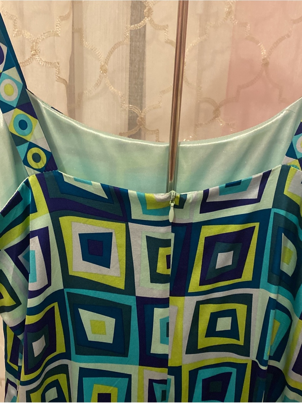 Geometric Square Print Silk Dress in Teal & Lime - Picture 4 of 8